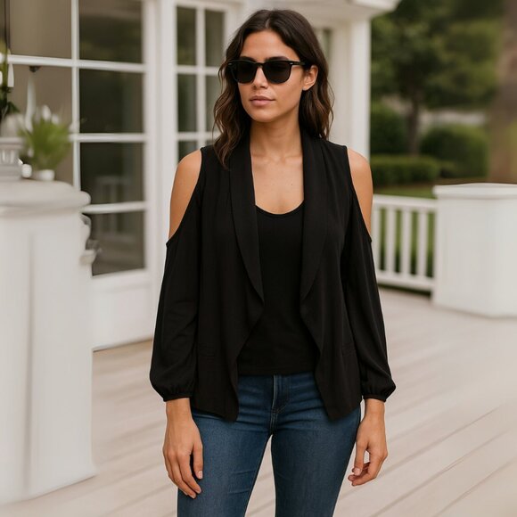 Decker Black Draped Cold Shoulder Blouse, Open Front Silhouette, Size Small - Picture 6 of 9